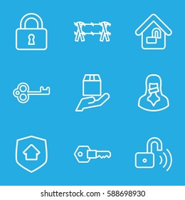 secure icons set. Set of 9 secure outline icons such as lock, cargo protection, censored woman, home lock, key, opened security lock, home security