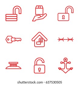 Secure icons set. set of 9 secure outline icons such as opened lock, cargo protection, home lock, key, anchor