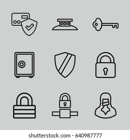Secure icons set. set of 9 secure outline icons such as lock, censored woman, key, wire fence, card protection, safe