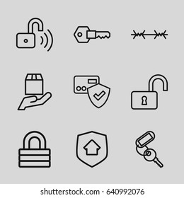 Secure icons set. set of 9 secure outline icons such as key, lock, opened lock, cargo protection, opened security lock, home security, wire fence