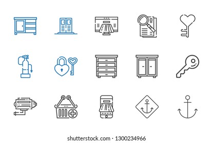 secure icons set. Collection of secure with anchor, payment method, e commerce, cctv, key, drawer, padlock, fire extinguisher, observe, locker. Editable and scalable secure icons.