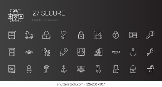 secure icons set. Collection of secure with drawer, key, payment method, anchor, padlock, safebox, belt, locker, safety pin, fire extinguisher. Editable and scalable secure icons.
