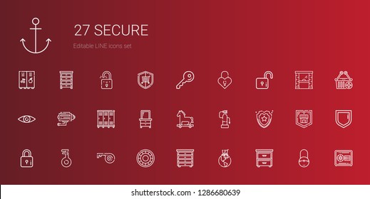 secure icons set. Collection of secure with drawer, global online, shield, key, lock, fire extinguisher, trojan horse, lockers, cctv, security. Editable and scalable secure icons.