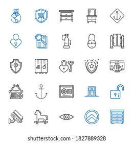 secure icons set. Collection of secure with drawer, shield, security, trojan horse, cctv, lock, locker, safebox, anchor, e commerce, payment method. Editable and scalable secure icons.