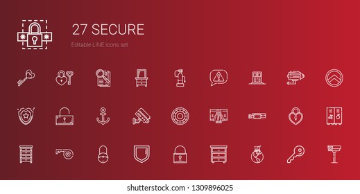 secure icons set. Collection of secure with global online, drawer, padlock, security, key, belt, payment method, shield, cctv, anchor, unlocked. Editable and scalable secure icons.