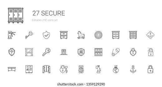 secure icons set. Collection of secure with global online, fire extinguisher, payment method, padlock, turnstiles, locker, drawer, safety pin. Editable and scalable secure icons.