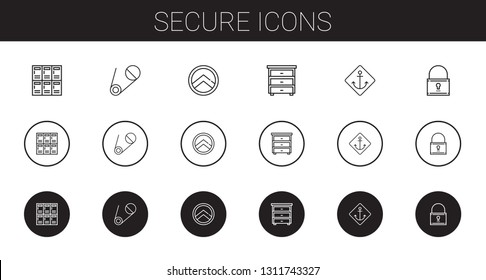 secure icons set. Collection of secure with lockers, safety pin, shield, drawer, anchor, padlock. Editable and scalable secure icons.