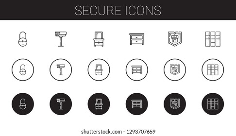 secure icons set. Collection of secure with padlock, cctv, drawer, shield, locker. Editable and scalable secure icons.