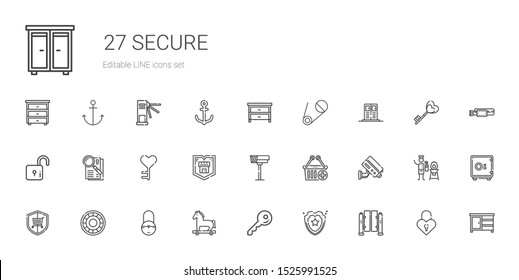 secure icons set. Collection of secure with turnstiles, shield, key, trojan horse, padlock, security, cctv, e commerce, observe, lock, locker. Editable and scalable secure icons.