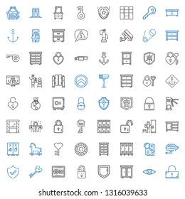 secure icons set. Collection of secure with unlocked, security, drawer, padlock, safebox, key, cctv, observe, lockers, shield, trojan horse. Editable and scalable secure icons.