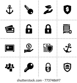 Secure icons. vector collection filled secure icons. includes symbols such as leaf in hand, money insurance, safe, key, money security. use for web, mobile and ui design.