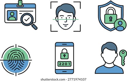 Secure Identity Verification and Biometric Authentication Icon Set Featuring Face Recognition, Fingerprint Scanning, Mobile Security, ID Verification, and Data Privacy