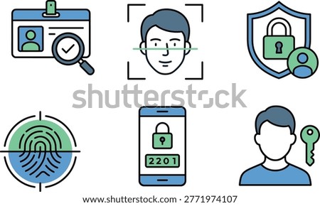 Secure Identity Verification and Biometric Authentication Icon Set Featuring Face Recognition, Fingerprint Scanning, Mobile Security, ID Verification, and Data Privacy