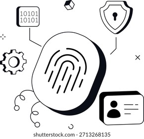 Verificación de identidad segura con Ilustración vectorial plana isométrica del escudo de la tarjeta de identificación de huellas dactilares