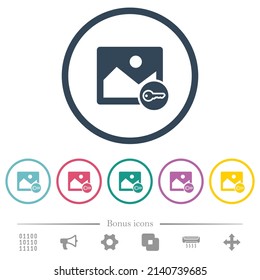 Iconos de color plano alternativos de imagen seguros en contornos redondos. 6 iconos de bonificación incluidos.
