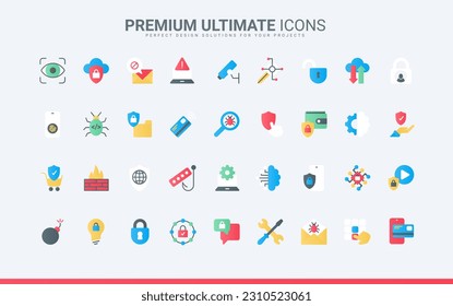 Secure information trendy flat icons set for computer, laptop, phone cyber security. Internet technology, protection from virus attack, malware, and access in network vector illustration