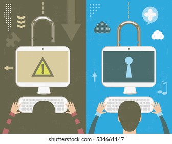 Secure and insecure personal computer system, concept with infographics elements and grunge texture.