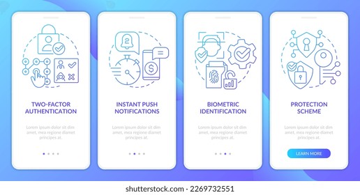 Secure internet banking features blue gradient onboarding mobile app screen. Walkthrough 4 steps graphic instructions with linear concepts. UI, UX, GUI template. Myriad Pro-Bold, Regular fonts used