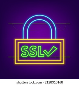 Secure internet connection SSL neon icon. SSL safe guard. Vector stock illustration