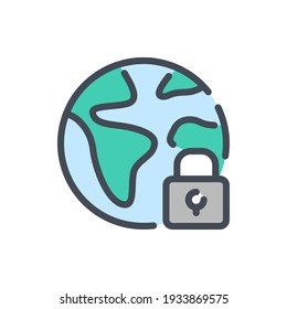 Sicheres Internet- und Global Protection-Farbsymbol. Planet Erde mit Schloss-Vektorgrafik bunter Zeichen.