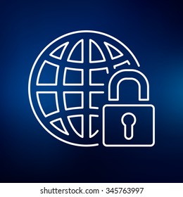 Secure internet icon. Global network security sign. Padlock with globe symbol. Thin line icon on blue background. Vector illustration.