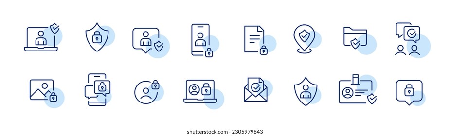 Secure internet presence icons. Safe interactions, protected profile and location. Pixel perfect, editable stroke icons