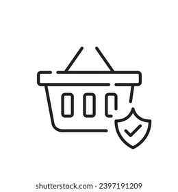 Secure internet shopping experience. Basket and protection shield with check mark symbol. Pixel perfect, editable stroke