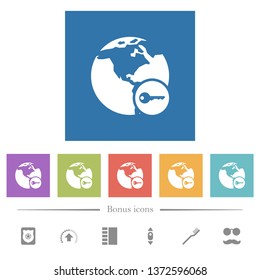 Secure internet surfing flat white icons in square backgrounds. 6 bonus icons included.