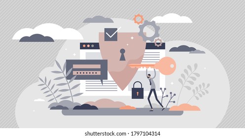 Secure Internet Usage With Password Security Shield Tiny Persons Concept. Lock Key Authorization For Web Browser Safety Vector Illustration. Private Information Protection With Safe Data Encryption.