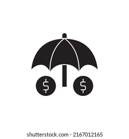Secure investment insurance icon, Umbrella with dollar icon in black flat glyph, filled style isolated on white background
