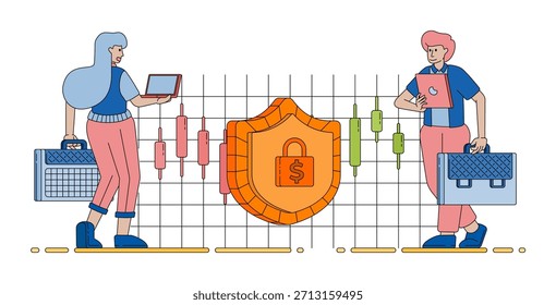 Ilustración vectorial de dibujos animados para folletos, Anuncios, Sitios web, folletos, anuncios, promociones, etc., con una inversión segura y un sistema bancario de confianza que muestre una fuerte protección financiera y características de seguridad garantizadas