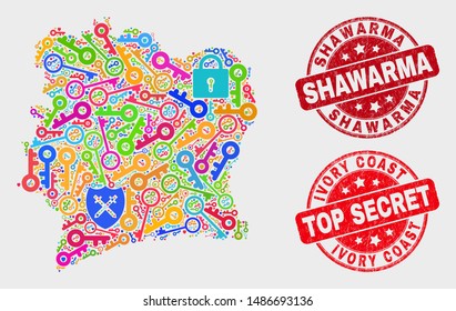 Secure Ivory Coast map and seal stamps. Red rounded Top Secret and Shawarma distress seal stamps. Colorful Ivory Coast map mosaic of different passkey symbols. Vector collage for security purposes.