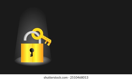 Secure key vector illustration on isolated black background with copy space area. Suitable for security awareness wallpaper content