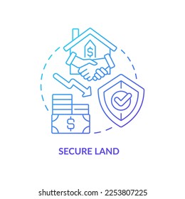 Icono de concepto de degradado azul de tierra segura. Seguridad en la compra de bienes raíces. Ilustración de línea delgada de idea abstracta de desarrollo de viviendas. Dibujo de contorno aislado. Se usa una fuente Myriad Pro-Bold