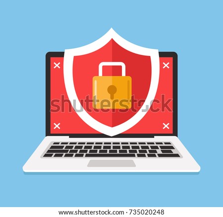 Secure laptop locked. Data and pirvate information protection concept. Vector flat cartoon illustration