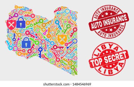 Secure Libya map and seal stamps. Red round Top Secret and Auto Insurance textured seal stamps. Bright Libya map mosaic of different keeper items. Vector combination for safety purposes.