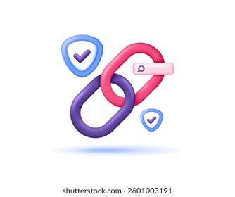 secure link concept. protection from unsafe website addresses. security, connection, privacy safe. illustration of a chain with shield and search field. symbol or icon. minimalist 3d style design
