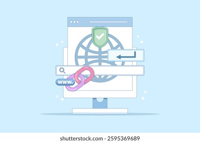 secure link concept. secure website address. user security in accessing website. surfing the internet safely. browsing. chain symbol and search bar. flat style design illustration in background.