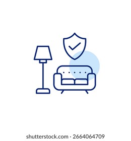 Espaço de vida seguro, configuração de casa aprovada, móveis protegidos. Sofá com lâmpada de poste, escudo e marca de verificação. Pixel perfeito, ícone de vetor de traçado editável