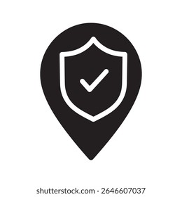 Ícone de local seguro com um pino do mapa e uma marca de seleção de escudo simbolizando um local seguro endereço verificado ou zona protegida para segurança e vetor de segurança ícone de glifo sólido