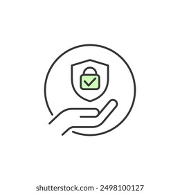 Secure lock icon. Illustration of virtual or digital protection and safety transaction or operation system symbolize by a hand holding a padlock with green checklist in circle. 