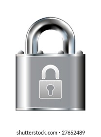 Secure lock icon on stainless steel padlock vector button