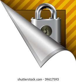 Secure or lock icon on vector peeled corner tab suitable for use in print, on websites, or in advertising materials.