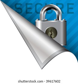 Secure or lock icon on vector peeled corner tab suitable for use in print, on websites, or in advertising materials.
