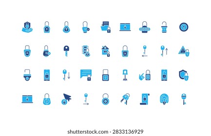Secure lock and key to unlock and open, padlock with keyhole glyph icon set. Lockable digital document and mobile phone, laptop, biometric access solid symbols vector illustration