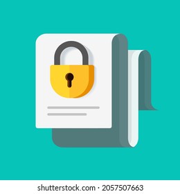 Secure locked confidential business document vector as non disclosure agreement idea or permission access protected lock to secret information flat cartoon illustration, privacy or private safe data 