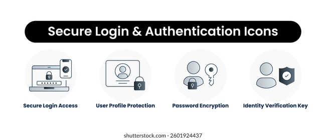 Secure Login and Authentication Icons. Secure Login Access, Password Encryption, Identity Verification Key, User Profile Protection.