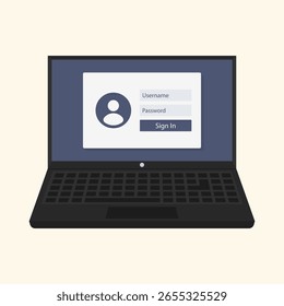 Interface de login segura em um notebook moderno. Ilustração vetorial para artigos, apresentações, sites ou aplicativos relacionados à segurança de TI, proteção de dados, sistemas de login ou infraestrutura digital