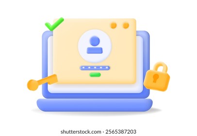 Secure login with laptop illustration with password protection and lock icons. cybersecurity, user authentication, and data privacy content. safeguard online access, 3d illustration