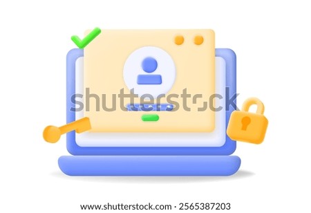 Secure login with laptop illustration with password protection and lock icons. cybersecurity, user authentication, and data privacy content. safeguard online access, 3d illustration